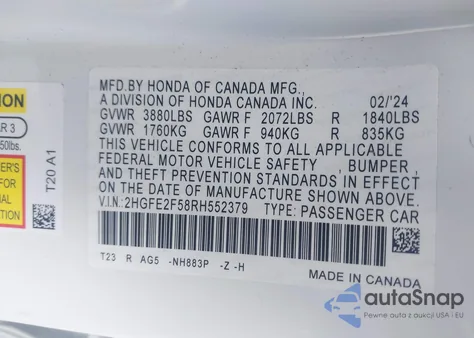 2024 Honda Civic Sport из США, поврежденный, VIN 2HGFE2F58RH552379